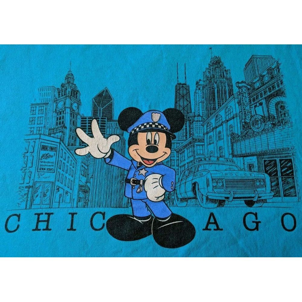 Vintage Mickey Mouse Short Sleeve Crew‎ Neck Shirt Police Uniform Chicago Teal